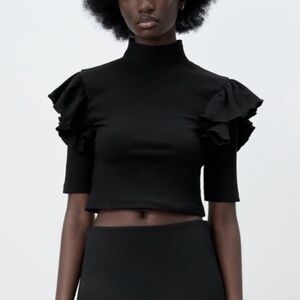 NWT ZARA RUFFLED RIBBED T-SHIRT MI BLACK